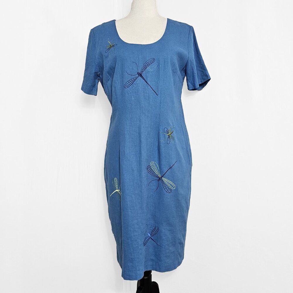 Vintage Positive Influence Size 10 Linen Blend Blue Dragonfly Embroidered Dress